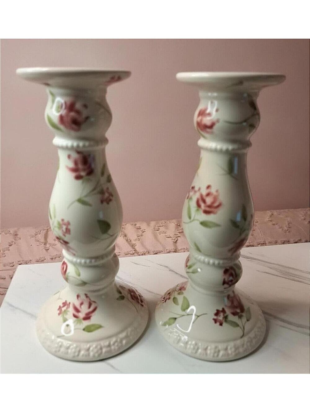 Vintage Set of 2 Porcelain Candle Holders with Delicate Rose Pattern 10.5"